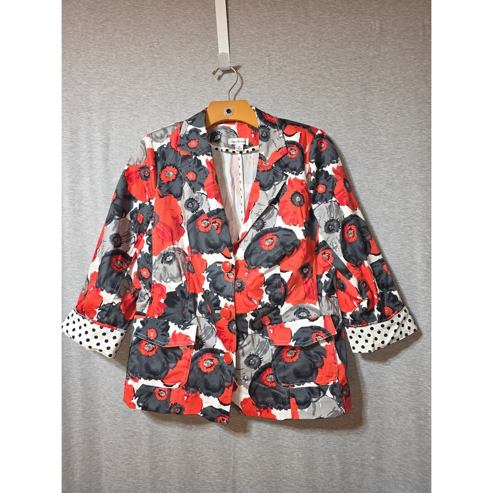 Joan Rivers Red Floral Poppy Blazer Polka Dot Trim Removable Shoulder Pads 10